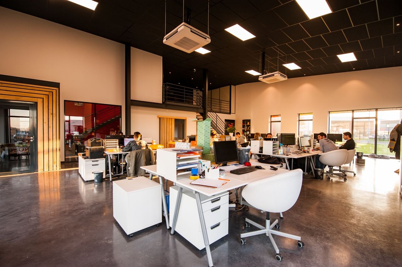 Services A spacious and modern open-plan office with natural lighting and employees working at desks.